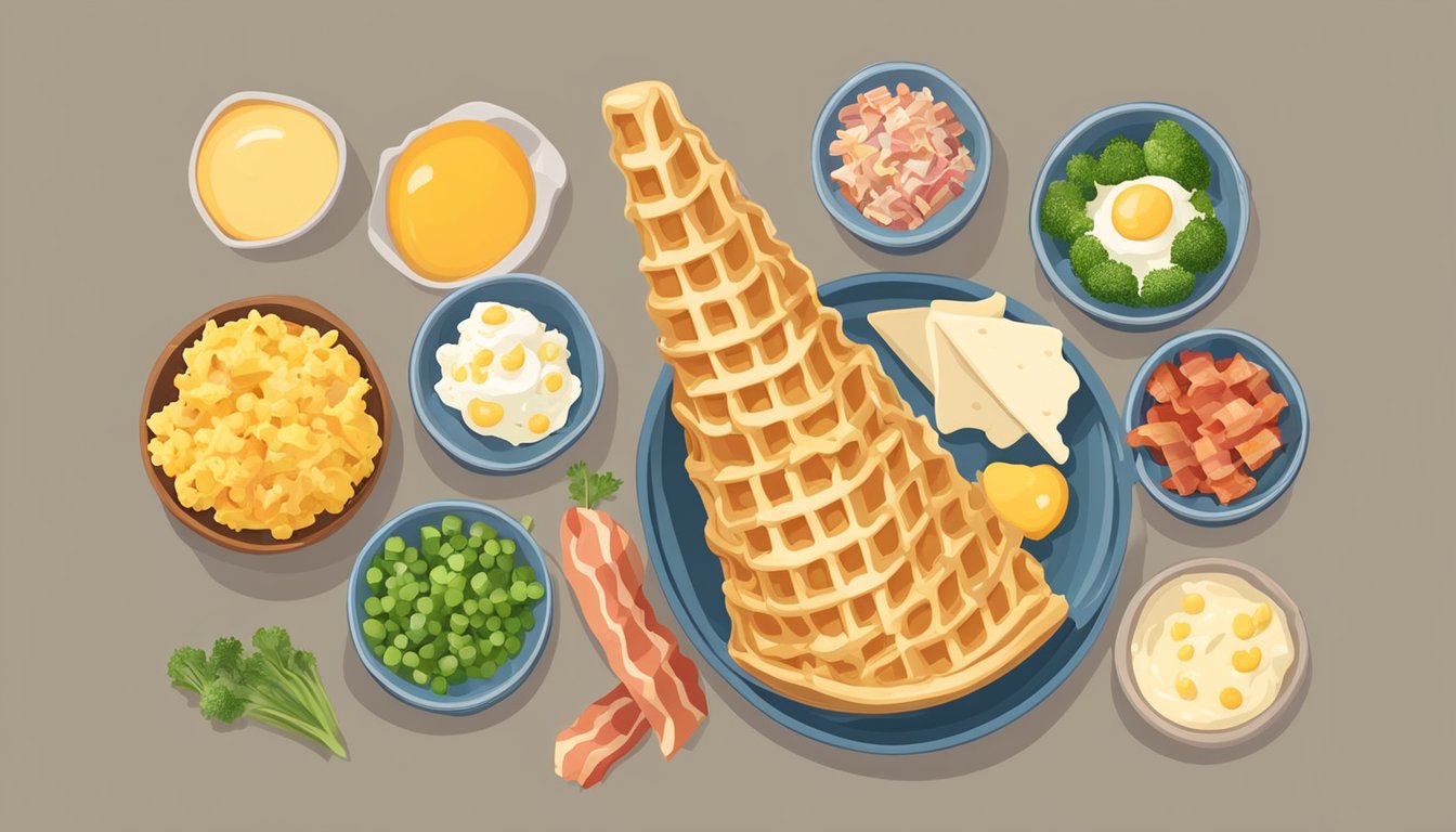 A waffle cone filled with fluffy scrambled eggs, surrounded by ingredients like bacon, cheese, and vegetables, ready to be cooked in a waffle cone maker