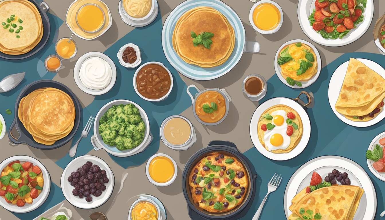 A breakfast spread with various dishes cooked using the Instant Pot Duo Crisp, including pancakes, frittata, oatmeal, and breakfast burritos