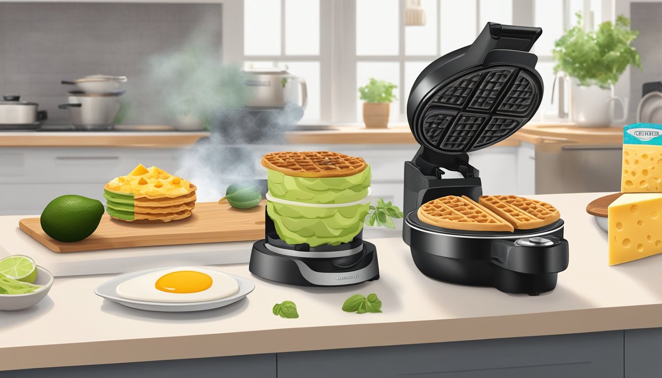 A waffle cone maker sits on a kitchen counter, surrounded by ingredients like avocado, eggs, and cheese. A savory waffle cone toast is being prepared, with steam rising from the hot appliance