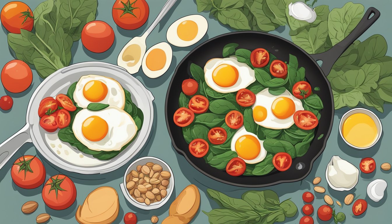 A colorful skillet filled with spinach, tomatoes, and eggs sizzling over a stove. Surrounding it are various ingredients and utensils for preparing a nut-free breakfast