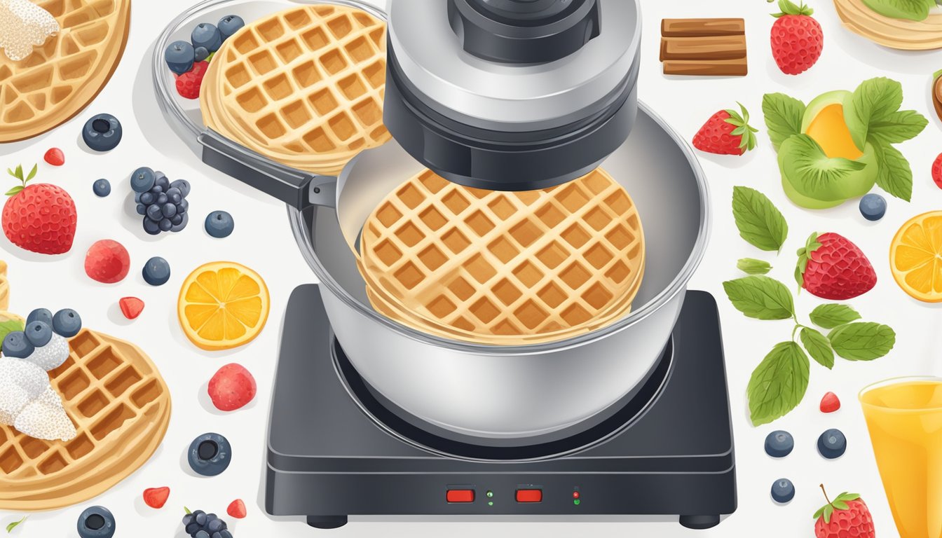 A waffle cone maker surrounded by ingredients for breakfast recipes