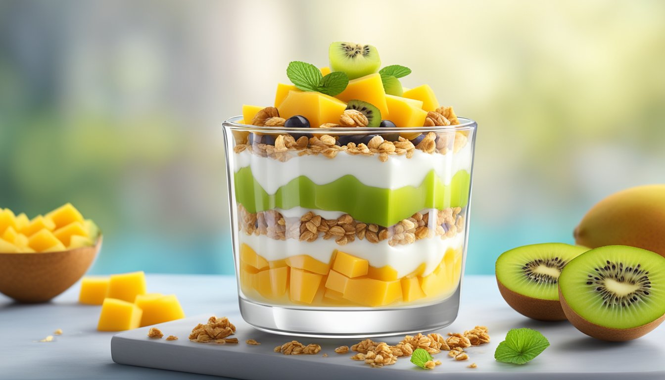 A glass parfait dish filled with layers of diced mango, kiwi, and creamy yogurt, topped with a sprinkle of granola and a drizzle of honey