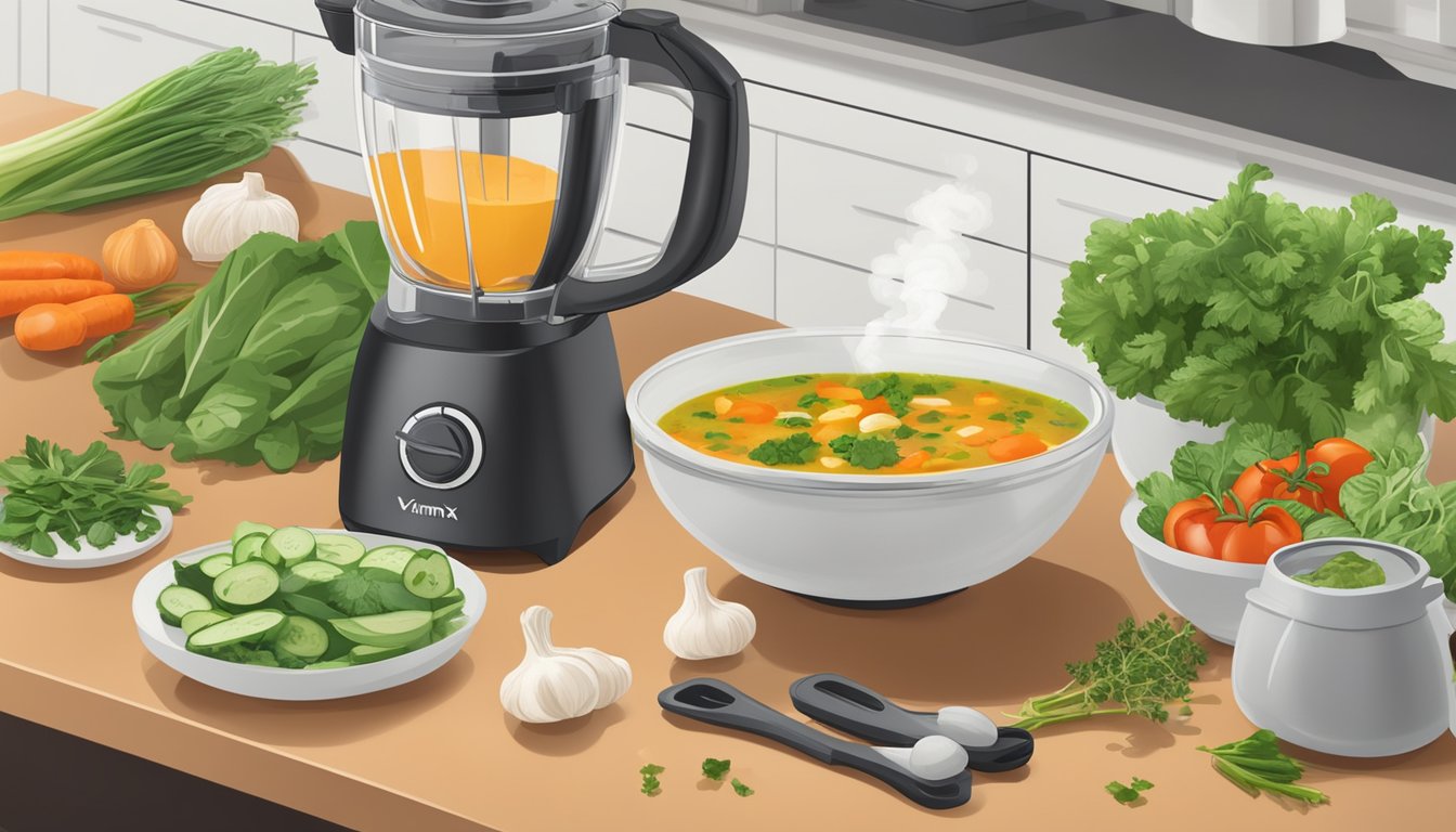 A steaming bowl of soup sits on a kitchen counter next to a Vitamix blender surrounded by fresh ingredients like vegetables and herbs