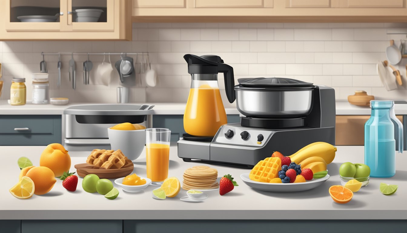 A kitchen counter with a variety of ingredients including fruits, syrups, and batter next to a waffle cone maker