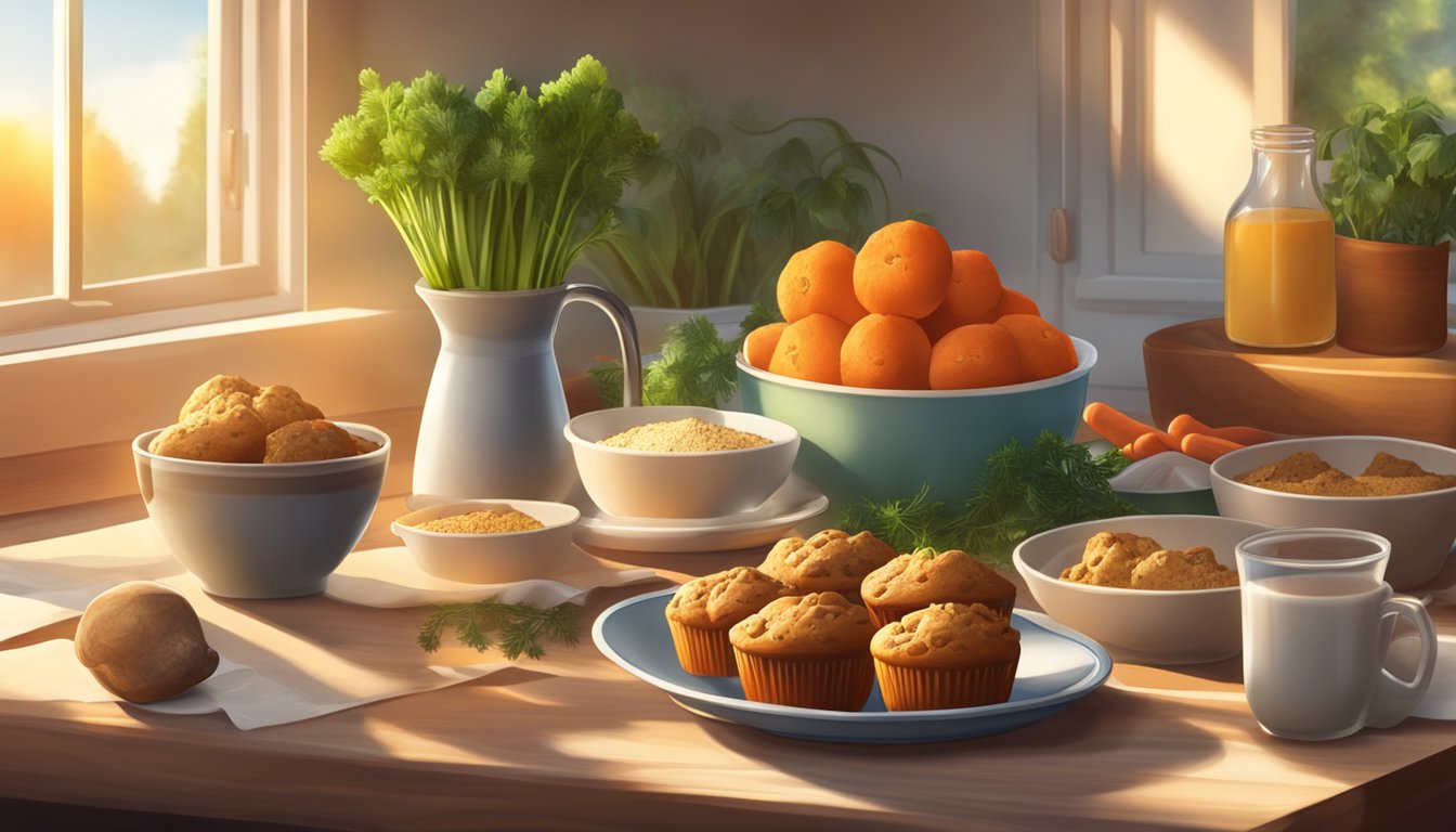 A rustic kitchen table with a plate of carrot ginger muffins surrounded by fresh ingredients like carrots, ginger, and spices. Sunrise light streaming through a nearby window