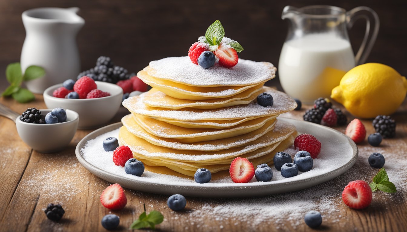 A stack of lemon ricotta crepes surrounded by fresh berries and a dusting of powdered sugar, served on a rustic wooden table