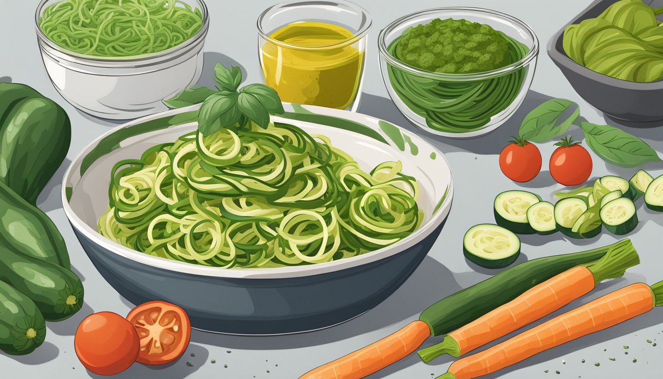 A bowl of zucchini noodles topped with pesto, surrounded by fresh ingredients and a spiralizer on a kitchen counter