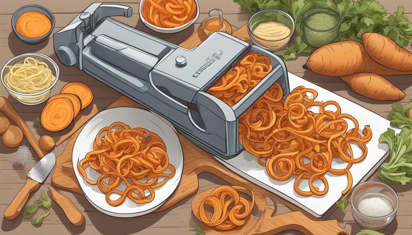 A spiralizer slicing a sweet potato into curly fries, surrounded by ingredients for breakfast recipes