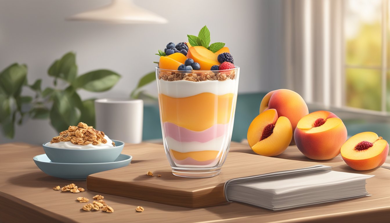 A glass parfait dish filled with layers of peach yogurt, granola, and fresh fruit, set on a wooden table next to a stack of recipe books