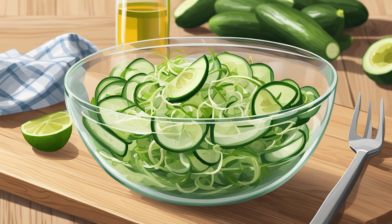 A glass bowl filled with cucumber salad, drizzled with lime vinaigrette, sits on a wooden table alongside a spiralizer and fresh ingredients