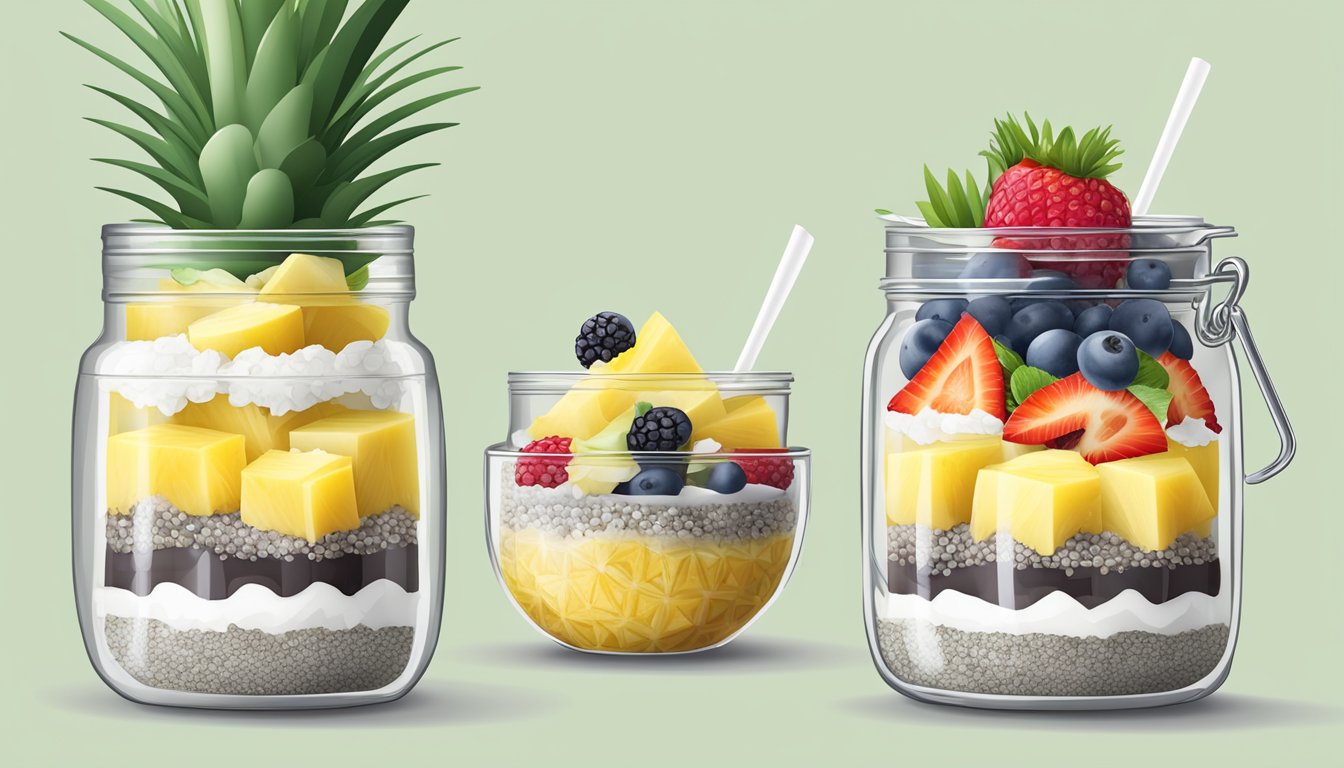 A glass jar filled with layers of pineapple, coconut, and chia pudding, topped with fresh fruit and shredded coconut