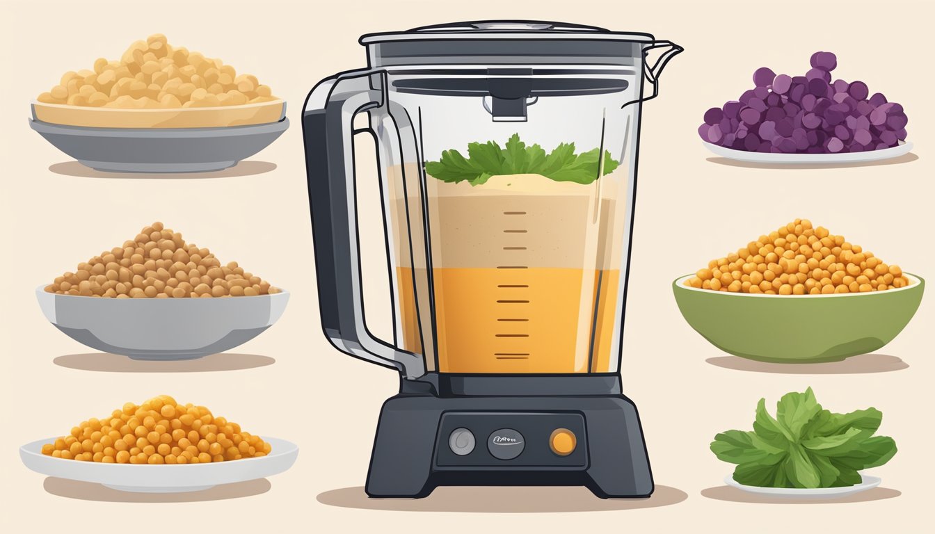 A colorful array of breakfast ingredients, including chickpeas, tahini, and various spices, are being blended together in a Vitamix blender to create a creamy and delicious hummus