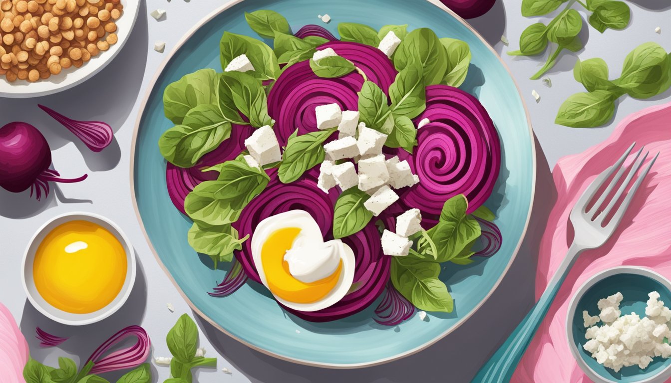 A vibrant beetroot spiral salad topped with crumbled feta, surrounded by a spiralizer and fresh breakfast ingredients