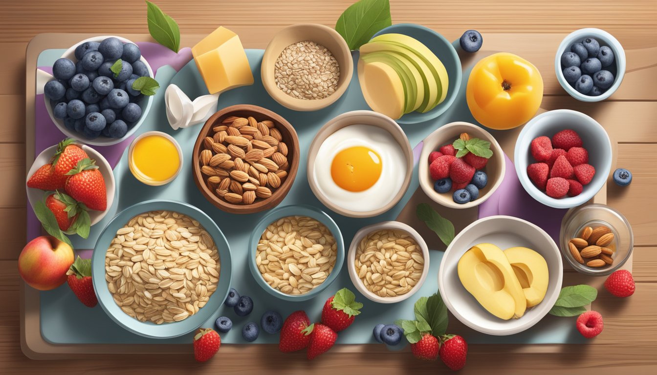 A colorful array of nut-free breakfast ingredients, including fruits, oats, seeds, and dairy, arranged on a wooden table with natural lighting