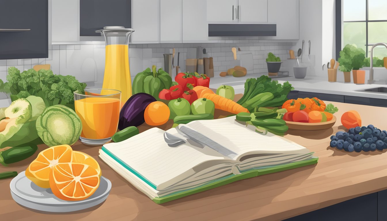 A kitchen counter with a spiralizer, fresh fruits and vegetables, a cutting board, and a recipe book open to breakfast ideas