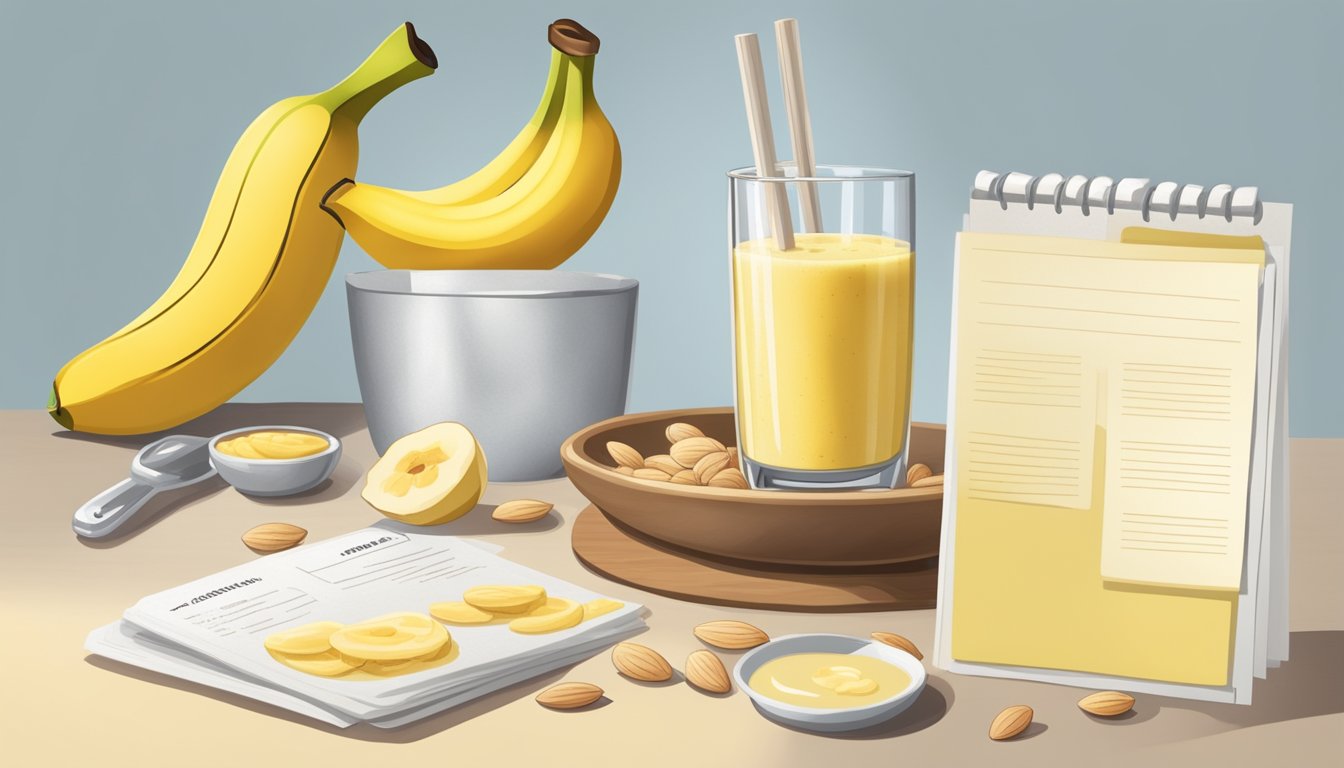 A glass filled with a creamy yellow smoothie topped with sliced almonds and a banana on the side, next to an immersion blender and a pile of recipe cards