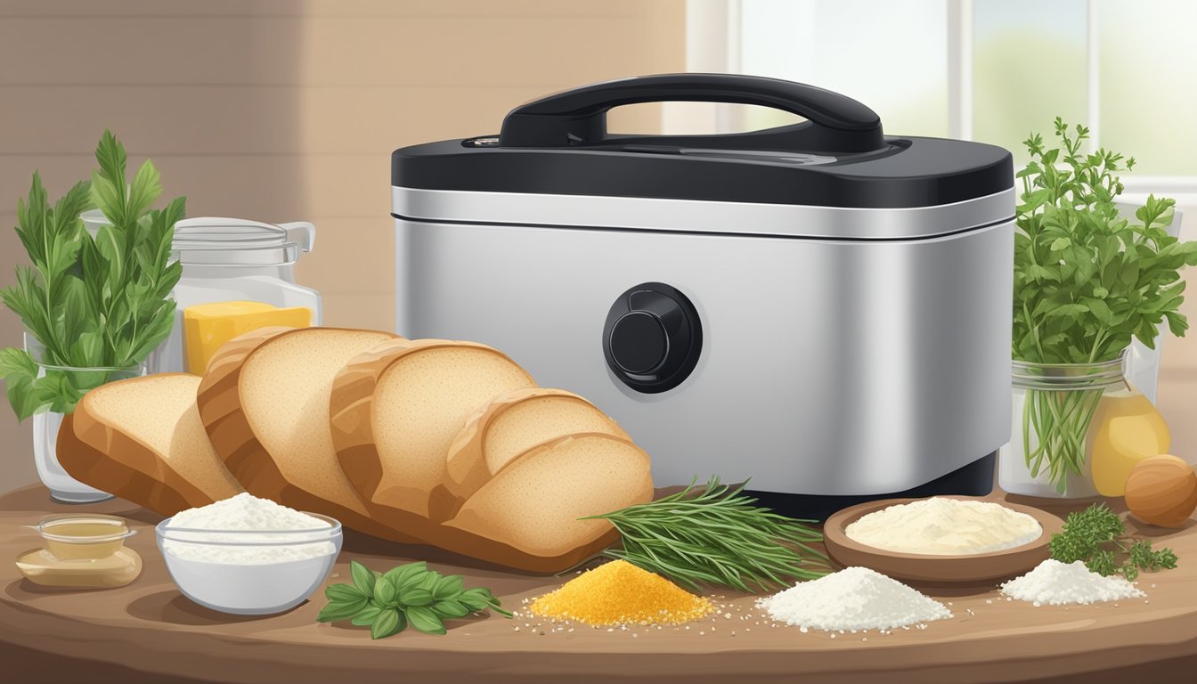 A bread machine surrounded by fresh herbs, flour, and ingredients for savory breakfast recipes