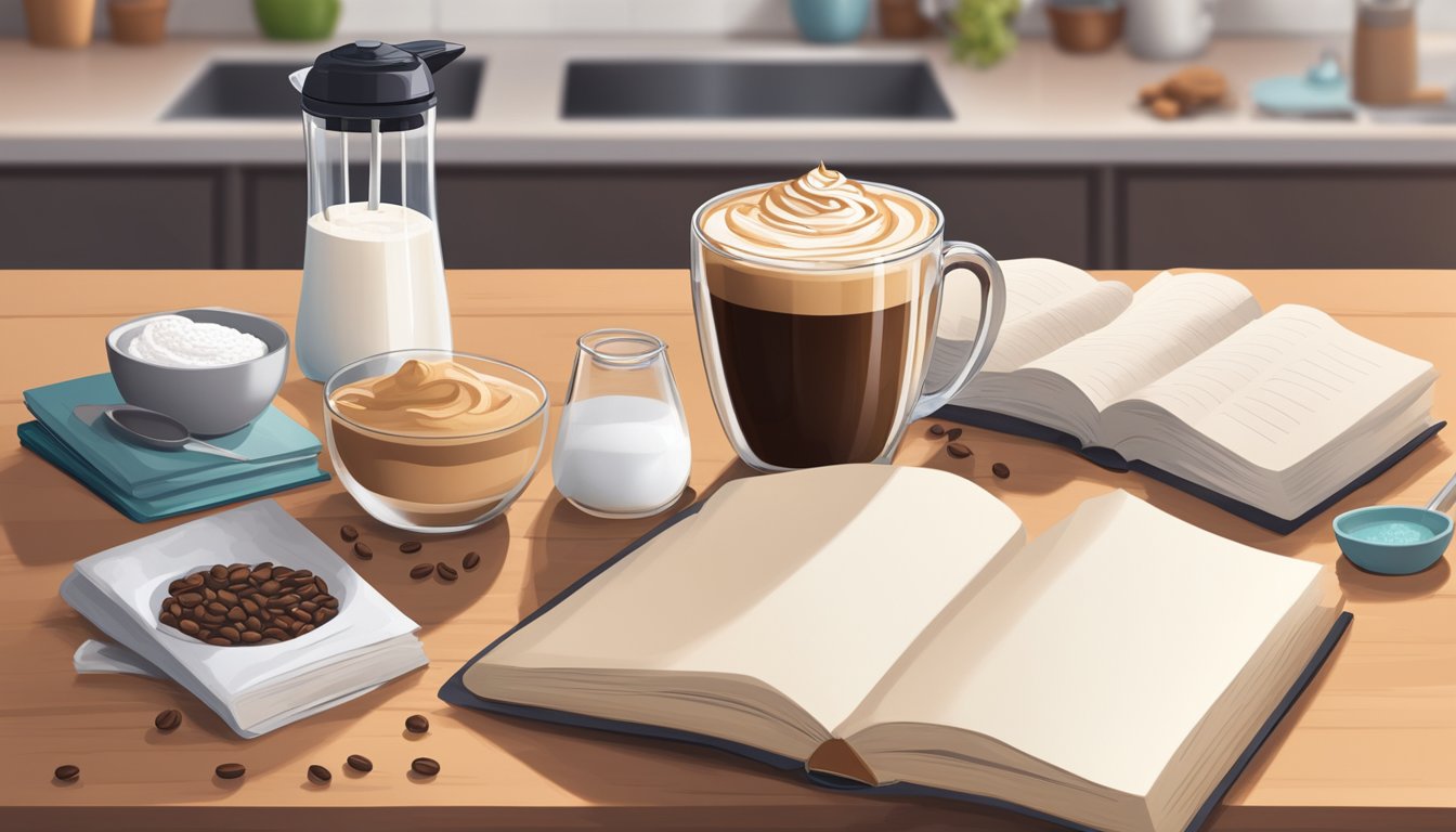 A glass of whipped coffee sits next to a stack of recipe books and an immersion blender on a kitchen counter. Ingredients like milk, sugar, and coffee beans are scattered around