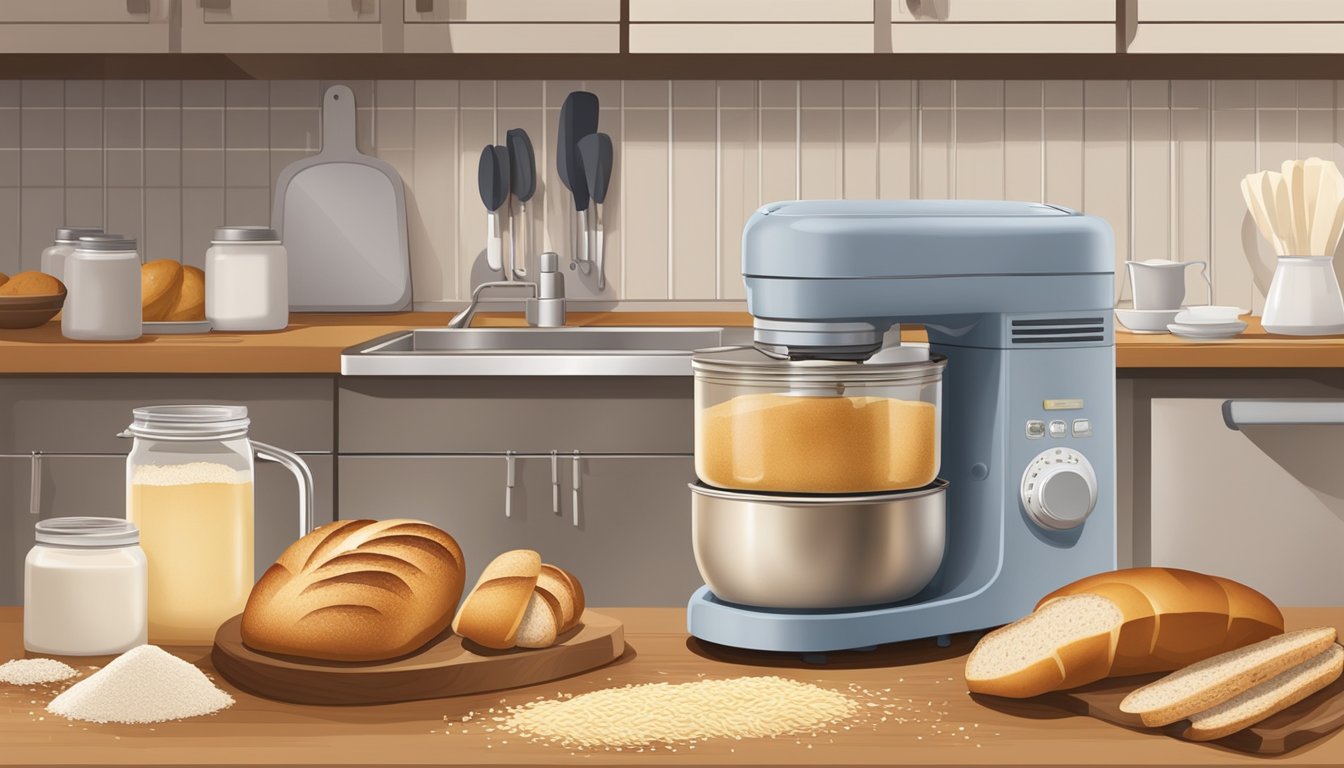 A kitchen counter with a bread machine in the background, surrounded by ingredients such as flour, yeast, and oats. A warm, golden loaf of bread is cooling on a wire rack