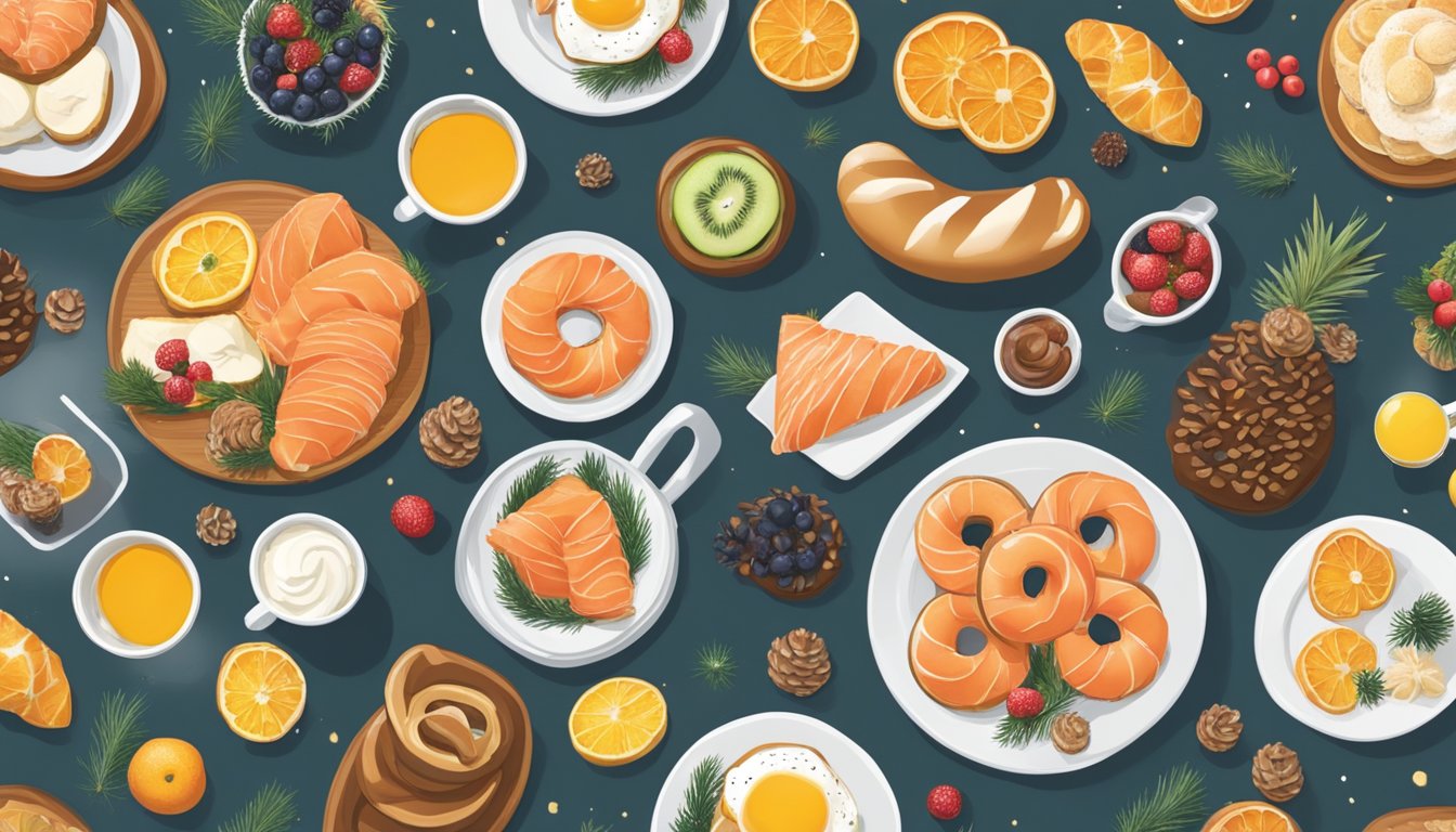 A festive breakfast spread with smoked salmon bagels, fruit, and pastries on a table decorated for Christmas morning