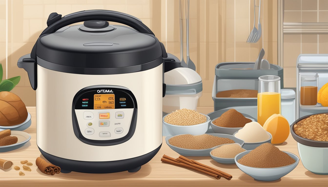 A rice cooker filled with oatmeal, topped with brown sugar and cinnamon, surrounded by other breakfast ingredients