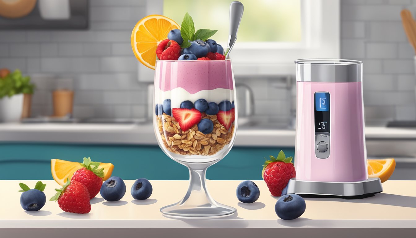 A glass parfait dish filled with layers of granola, berry yogurt, and fresh fruit, with an immersion blender sitting on the counter