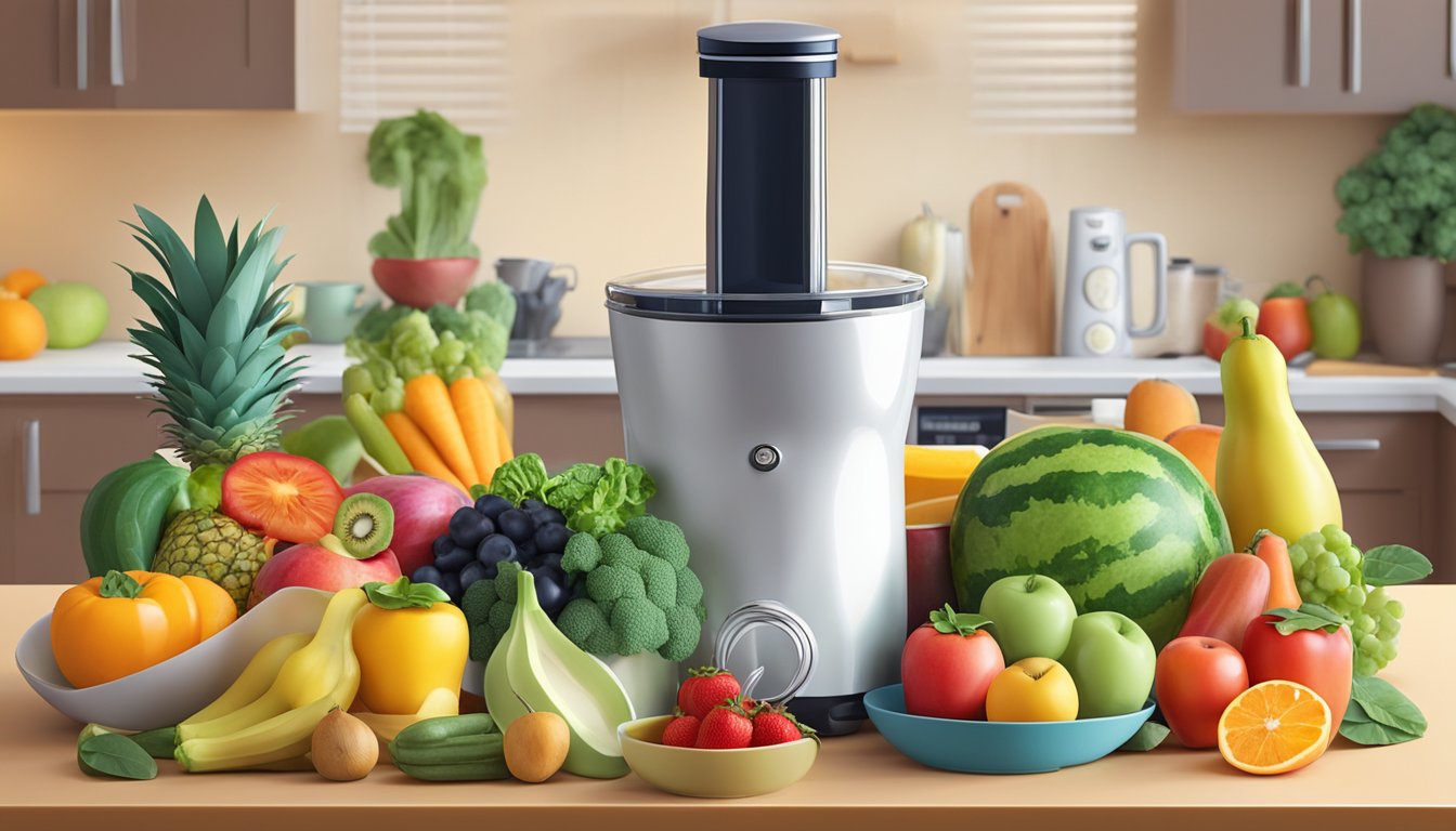 A colorful array of fresh fruits, vegetables, and dairy products arranged on a countertop, with an immersion blender and various kitchen utensils nearby