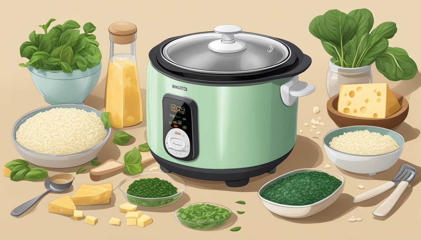 A rice cooker filled with creamy Cheese and Spinach Risotto, surrounded by ingredients like cheese, spinach, and a rice cooker