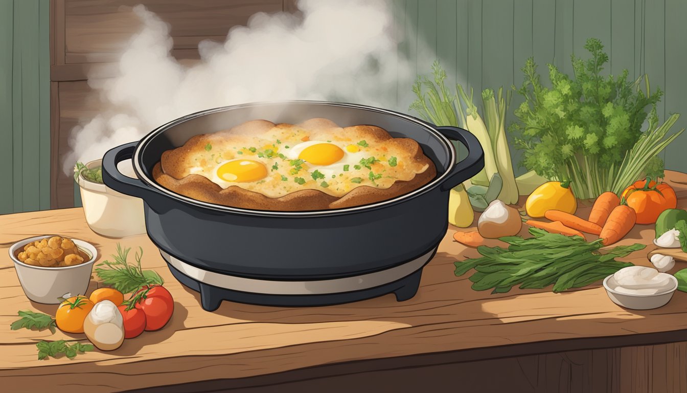 A dutch oven sits on a rustic wooden table, filled with a golden-brown sourdough breakfast bake. Steam rises from the dish, surrounded by fresh herbs and colorful vegetables