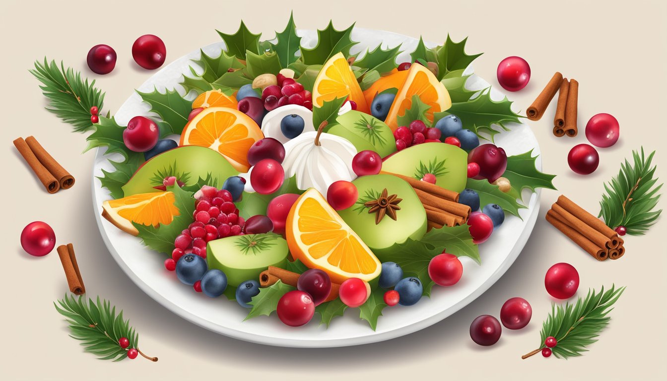 A festive holiday fruit salad surrounded by cinnamon sticks, cranberries, and holly leaves on a Christmas-themed table setting