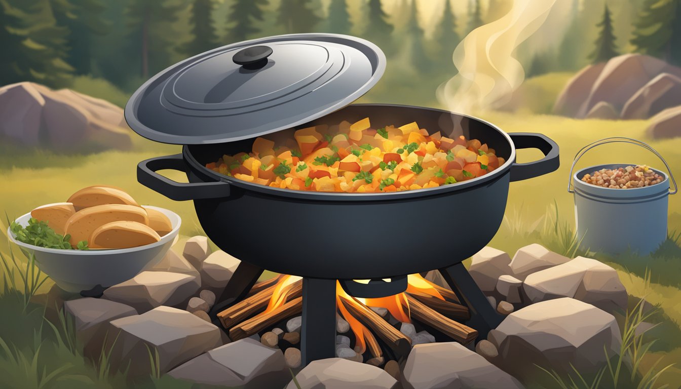 A dutch oven sits on a campfire, filled with sizzling breakfast hash. Steam rises as the aroma of potatoes, onions, and bacon fills the air