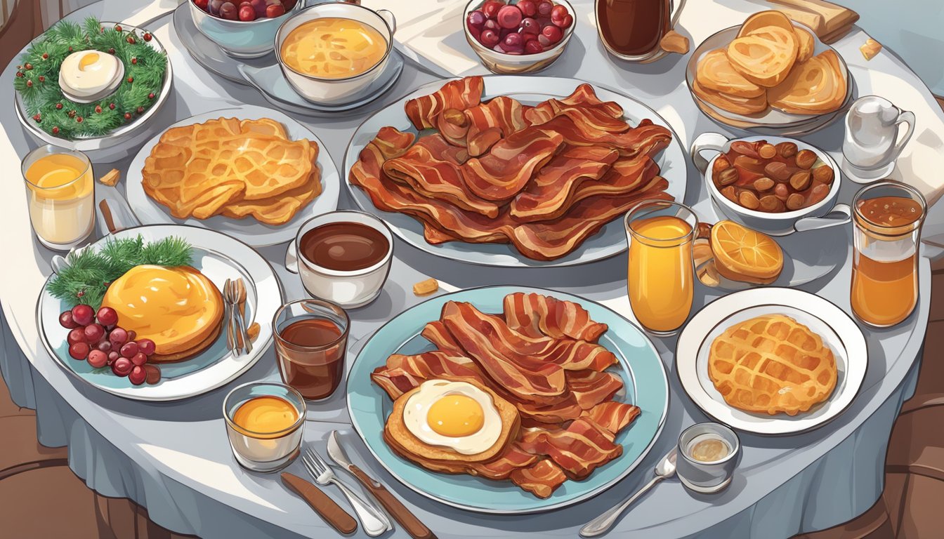 A festive table set with a variety of breakfast dishes, including maple glazed bacon, surrounded by holiday decorations