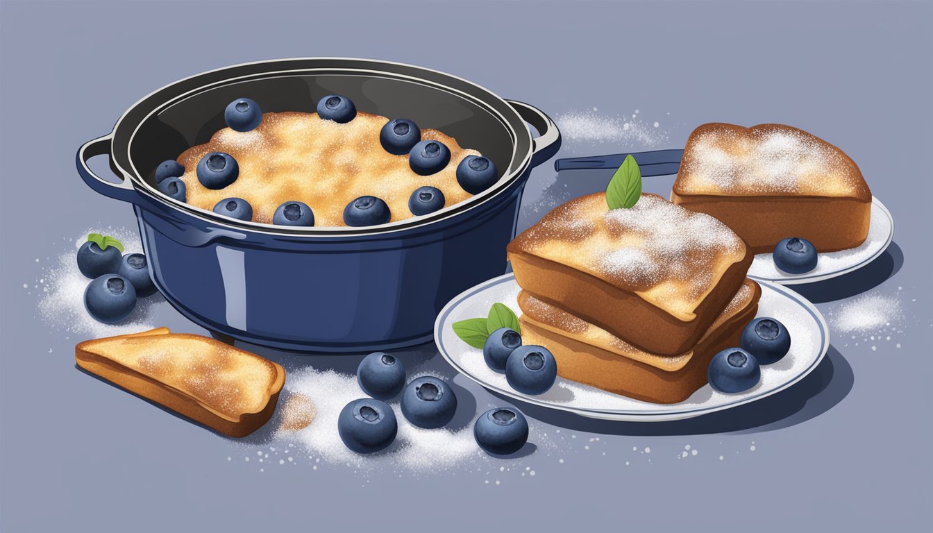 A dutch oven filled with a bubbling blueberry French toast casserole, surrounded by fresh blueberries and a dusting of powdered sugar