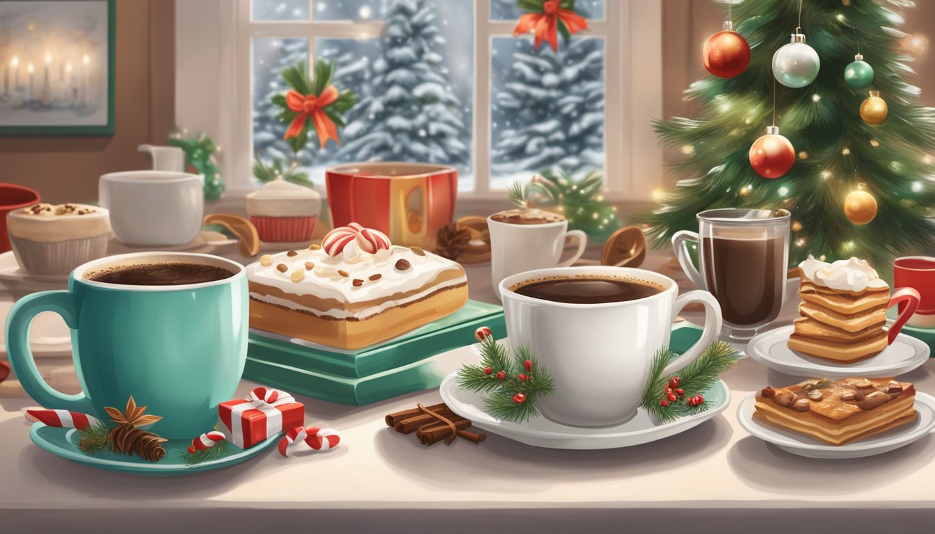 A cozy kitchen with a steaming mug of peppermint mocha coffee surrounded by festive breakfast dishes, set against a backdrop of Christmas decorations