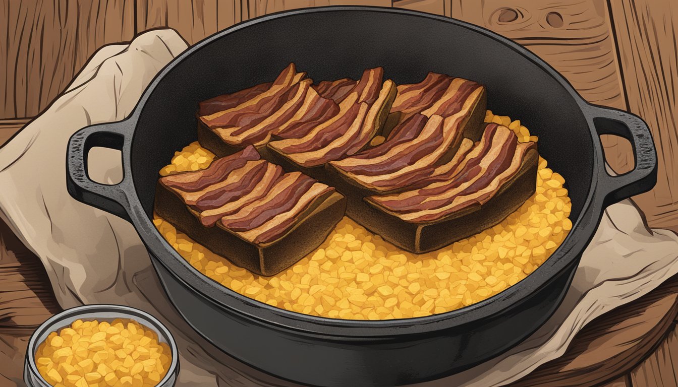 A cast iron dutch oven sits on a rustic wooden table, filled with golden brown cornbread topped with sizzling bacon