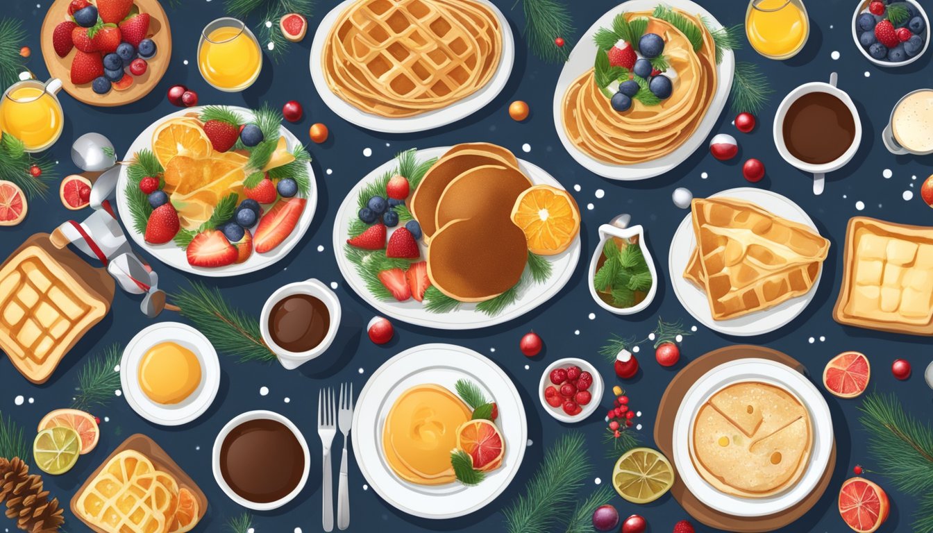 A festive table set with an array of Christmas breakfast dishes, including pancakes, fruit salad, eggs, and pastries, surrounded by holiday decorations and twinkling lights