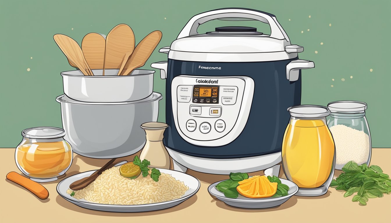 A rice cooker surrounded by ingredients for breakfast recipes