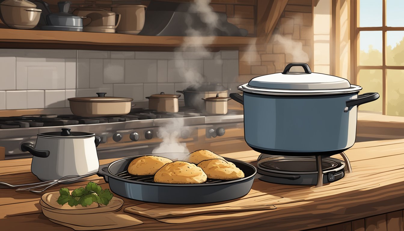 A dutch oven sits on a rustic wooden table, steam rising from a batch of freshly baked buttermilk biscuits and a pot of savory gravy simmering on the stove