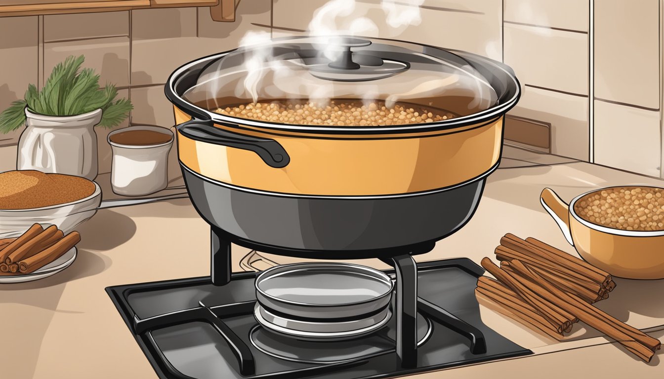 A dutch oven sits on a stovetop, steam rising from a bubbling pot of maple cinnamon oatmeal. An aroma of warm spices fills the cozy kitchen