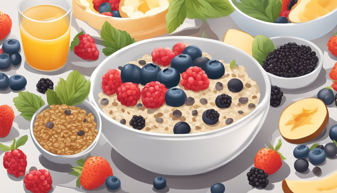 A bowl of oatmeal topped with chia seeds and a colorful assortment of berries surrounded by a collection of breakfast items