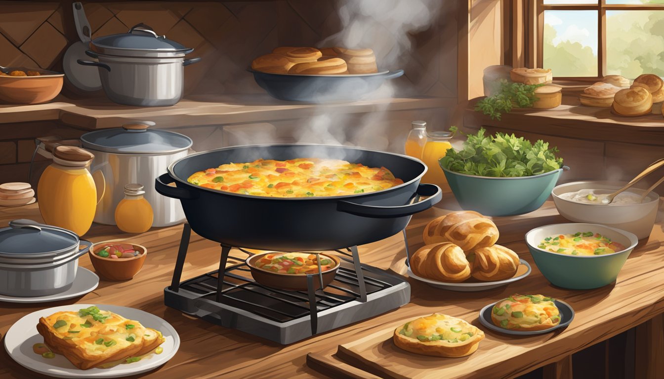 A steaming dutch oven sits on a rustic wooden table, filled with sizzling breakfast dishes like frittatas, cinnamon rolls, and savory breakfast casseroles. The aroma of freshly baked goods fills the cozy kitchen