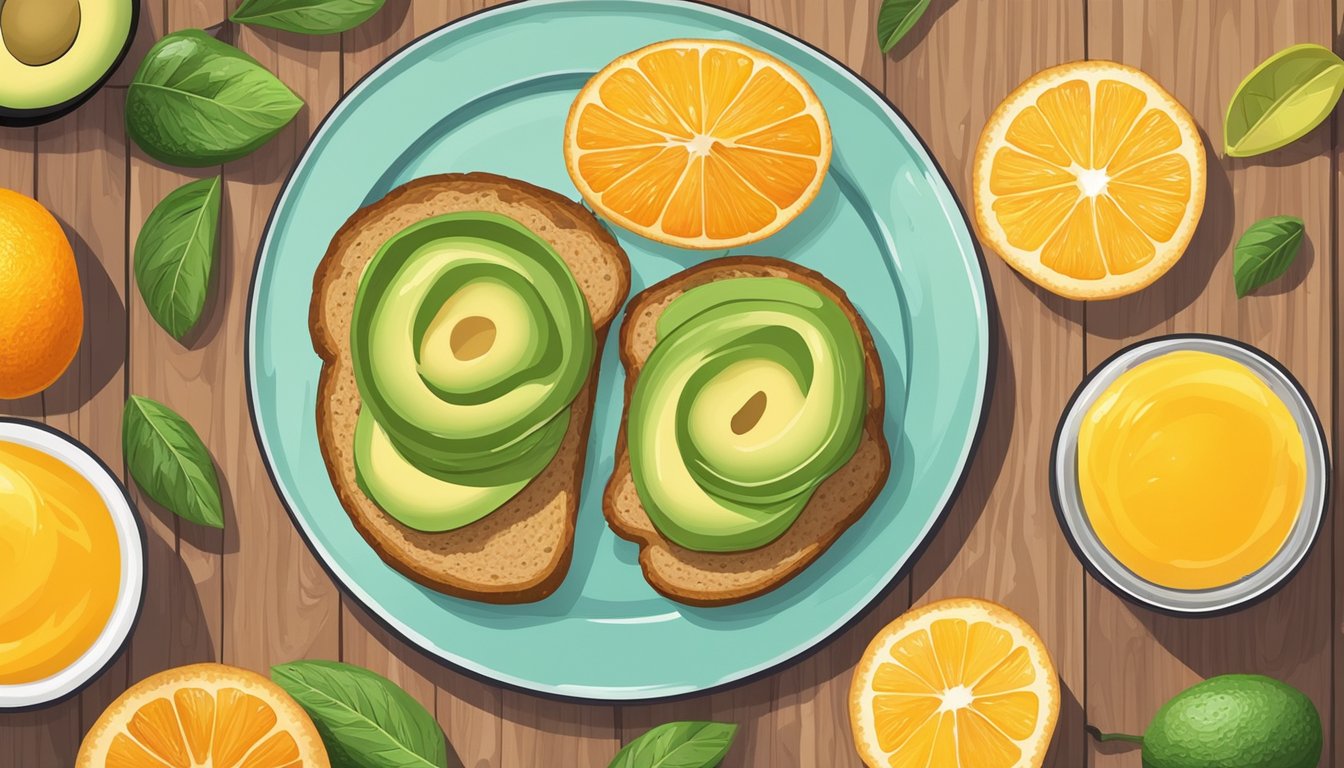 A colorful plate with whole grain avocado toast surrounded by fresh fruits and a glass of orange juice on a wooden table