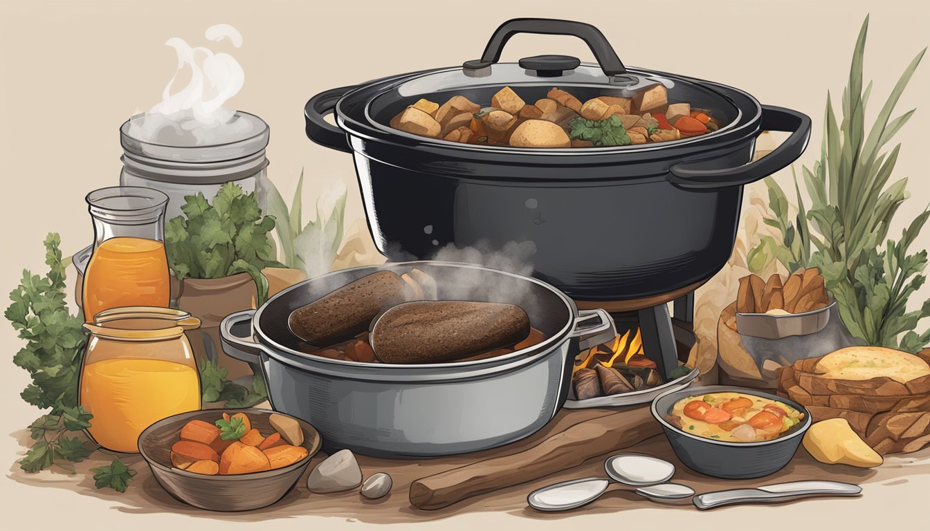 A dutch oven sits on a campfire, steam rising from a hearty breakfast stew. Surrounding it are various ingredients and utensils for cooking