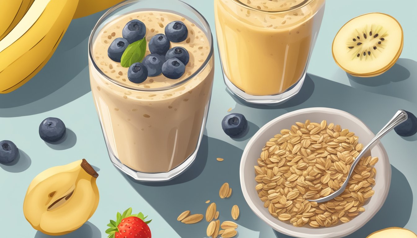 A glass filled with a creamy, light brown smoothie topped with flaxseeds and a slice of banana, surrounded by fresh fruits and a bowl of oats