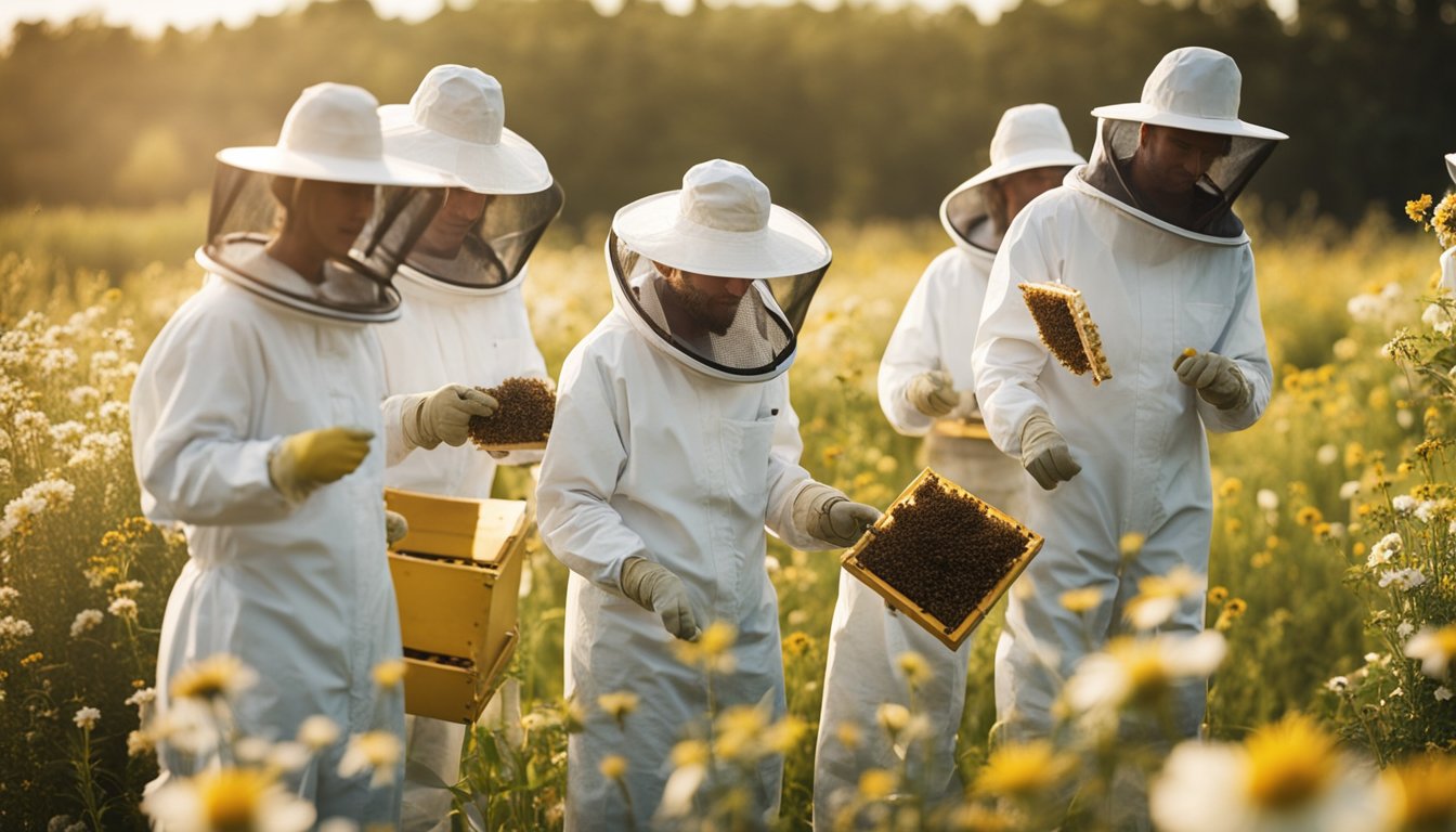 Um grupo de apicultores brancos celebra um pr&ecirc;mio nacional em sua instala&ccedil;&atilde;o de apicultura, cercado por colmeias e campos de flores em flor.