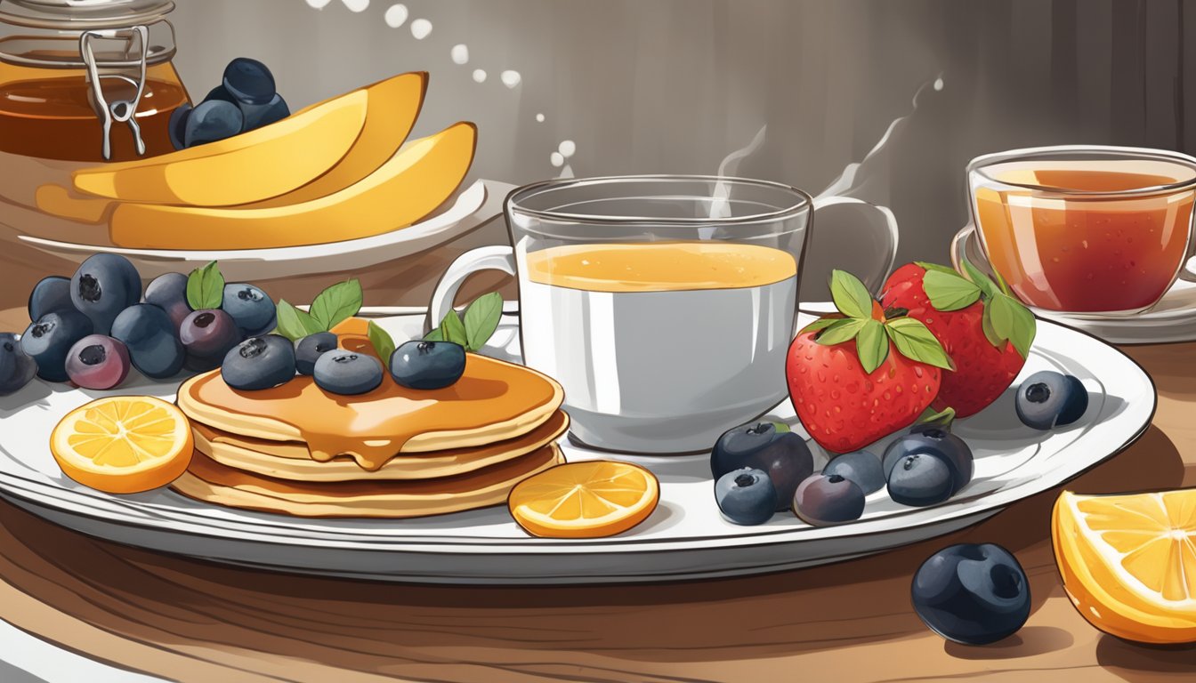 A plate of whole wheat ricotta pancakes surrounded by fresh fruits and a drizzle of honey, with a steaming cup of coffee on the side