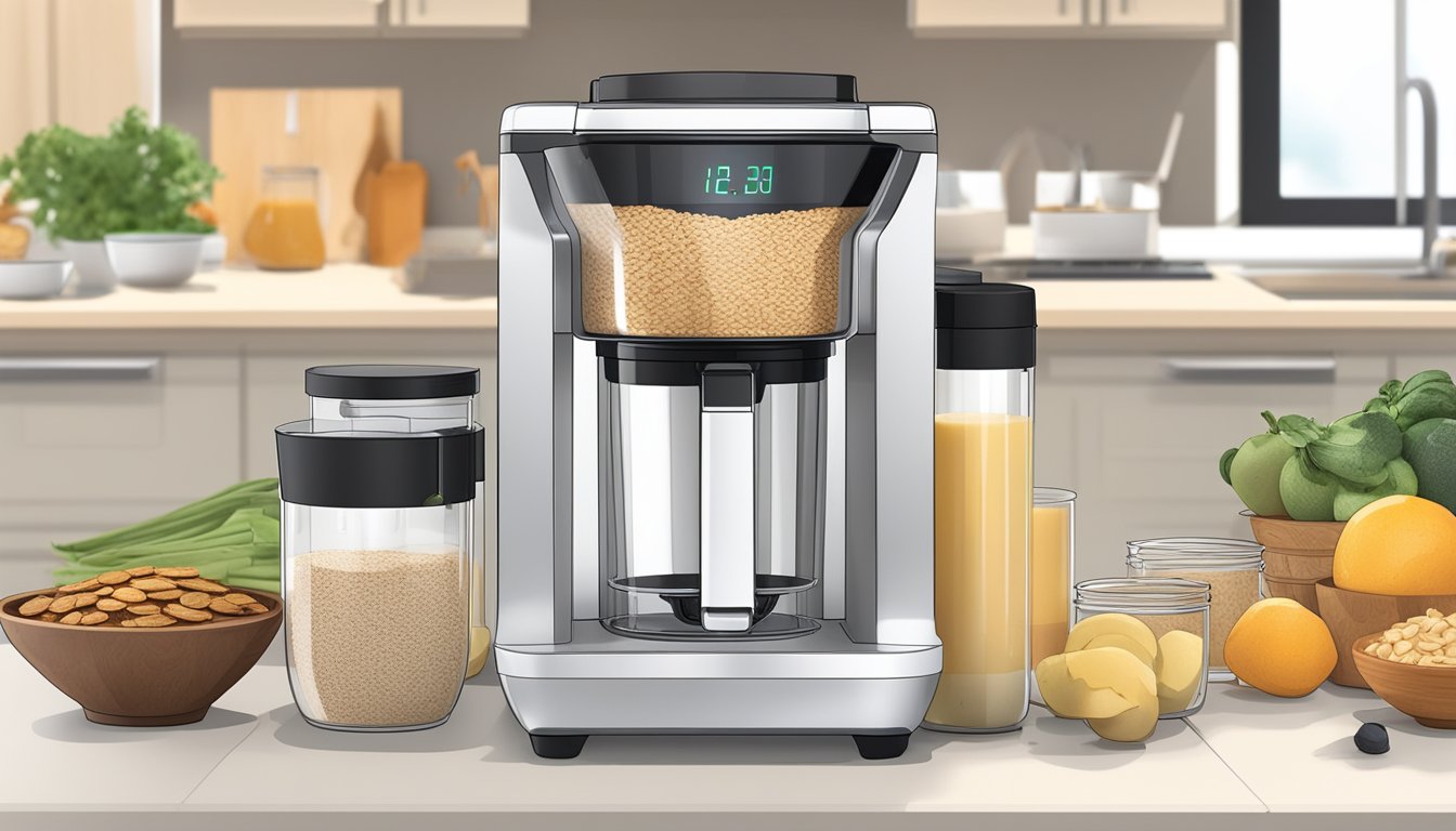 A sous vide machine surrounded by ingredients for oatmeal, such as oats, milk, and fruit, with a recipe book open to a breakfast section nearby