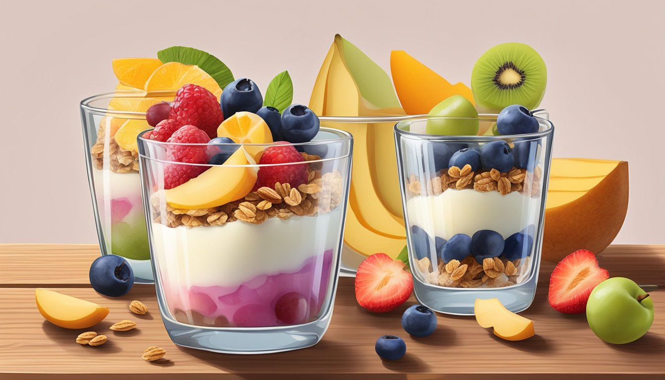 A glass parfait dish filled with layers of creamy kefir, crunchy granola, and colorful fruits, sitting on a wooden breakfast table