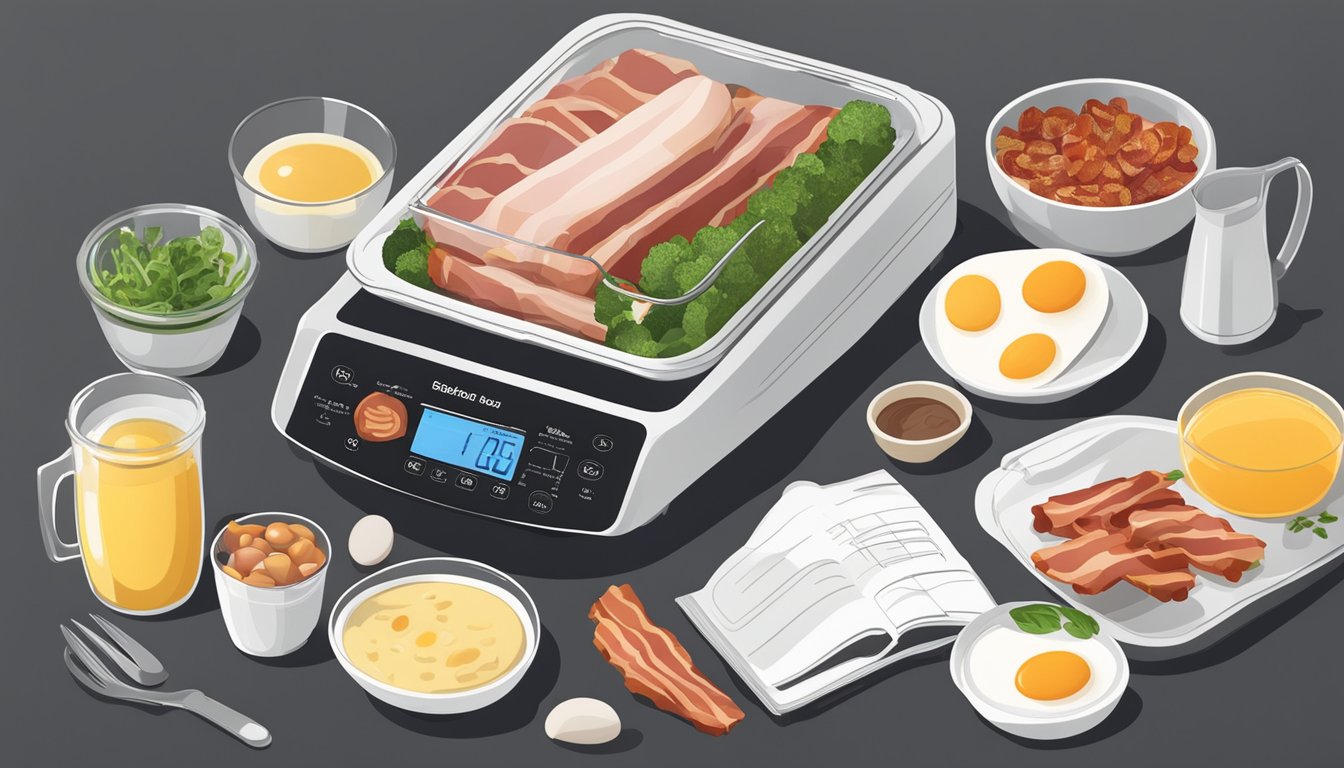 A sous vide machine surrounded by ingredients such as eggs, bacon, and vegetables, with a recipe book open to breakfast dishes