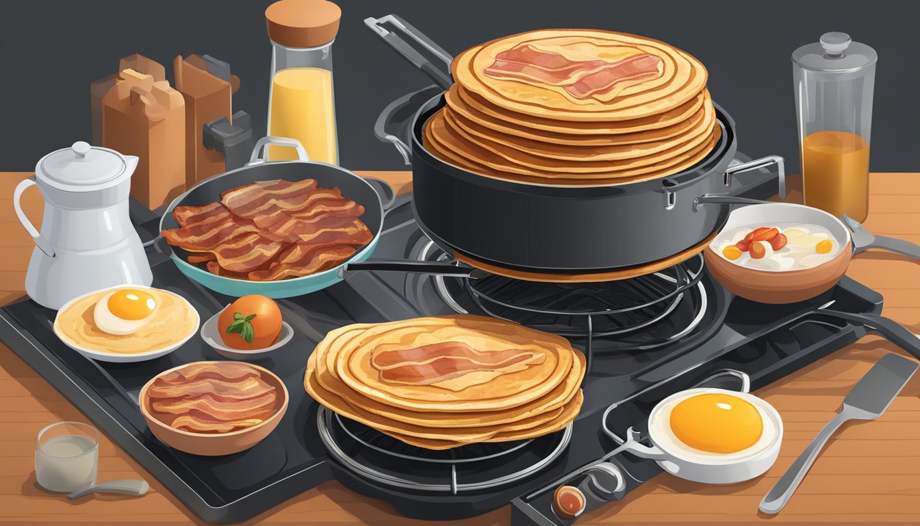 A stack of smoked bacon pancakes sizzling on a stovetop smoker, surrounded by various breakfast ingredients and utensils